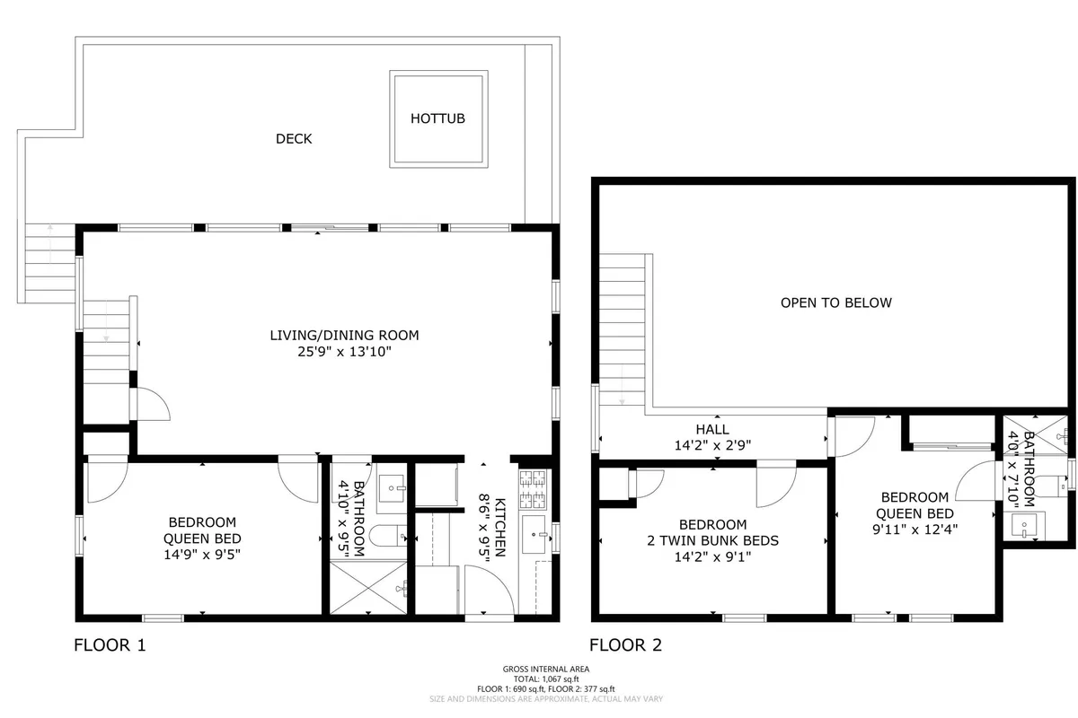 An interior view that captures the living and dining areas with sightlines to the deck and hot tub, as well as adjacent bedrooms and kitchen. The space appears warm and welcoming, suitable for group gatherings or quiet relaxation.